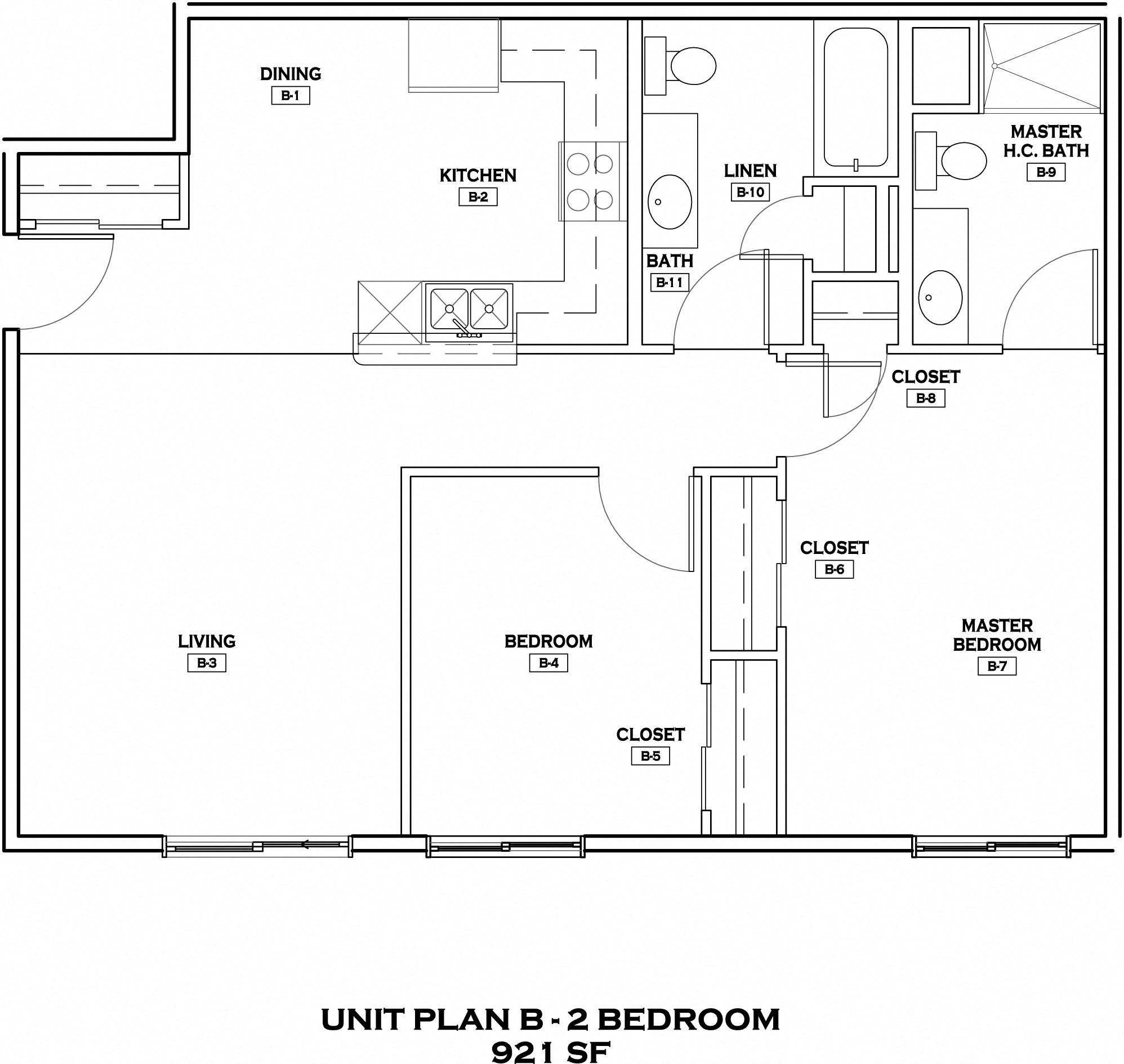 Floor plan for 2 beds, 2 baths, 921 sqft